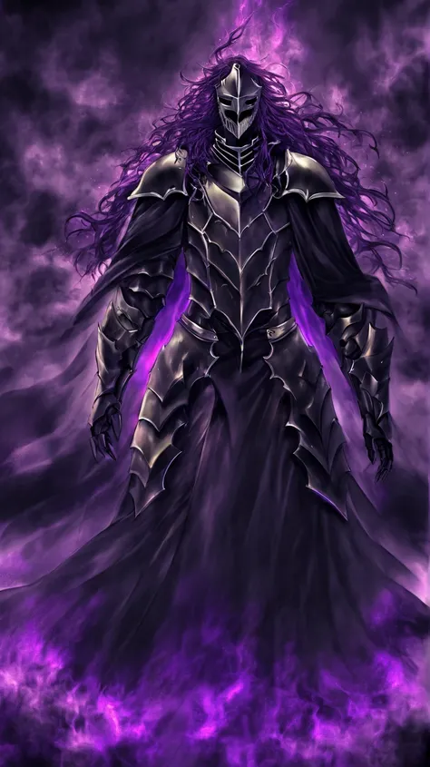 Make the End a Cosmic Entity of Destruction he is a knight in armor and Knight mask  ,  his body is sturdy and he has burning hair with a purple aura he wears a black robe and armor as a uniform.