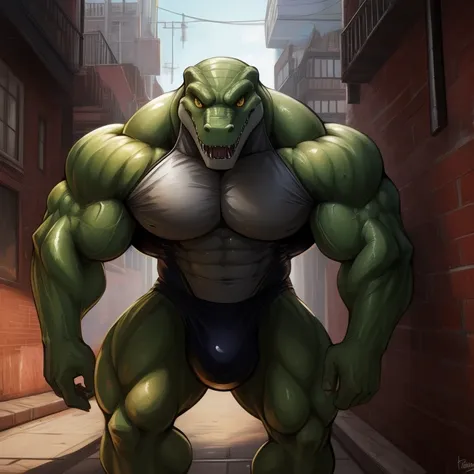 Solo, male, alligator, long snout, sharp teeth, fangs, thick face, wide face, broad shoulders, muscular, buff, strong, tall, giant, massive, enormous, gigantic, big biceps, big pecs, green body, green skin, yellow eyes, detailed crotch, massive bulge, by g...