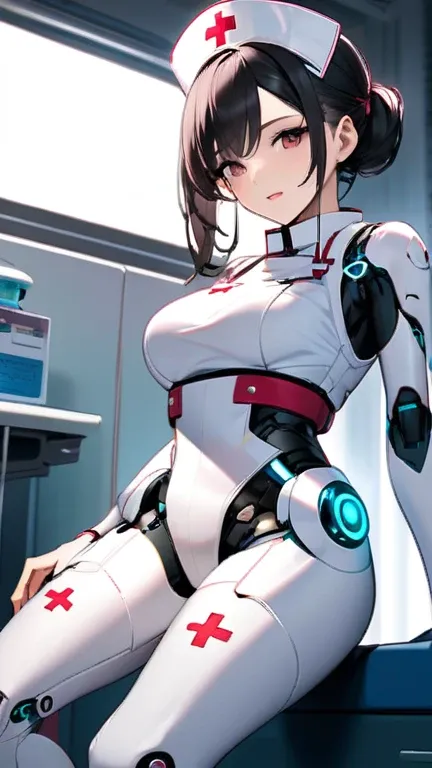 Attractive cyborg nurse, Looking into the patient&#39;s face from the side of the bed, We will fully support you during your hospital stay, A refreshing and captivating smile, Sincere love, Devoted Service, BREAK: View from the patient lying in bed, Peek i...