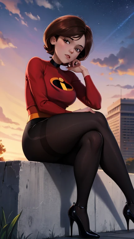 artwork, best quality, outdoors, lens flare, depth of field, 1 girl, alone, looking at viewer, breasts, very thick thighs, helenparr, red long sleeve blouse, black pantyhose, sitting, roof, night sky, strappy_heels,