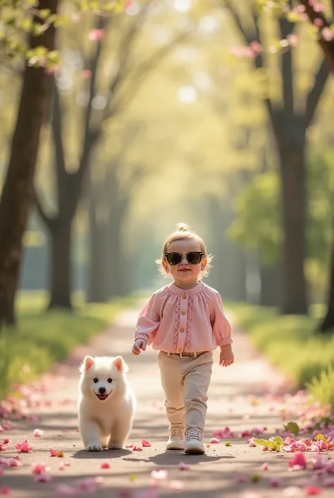 "A stylish toddler walking confidently down a soft, pastel-colored tree-lined path, wearing oversized sunglasses and a pale pink, vintage-inspired blouse. The  has a playful expression, and a fluffy white puppy accompanies them. The scene is set in spring,...