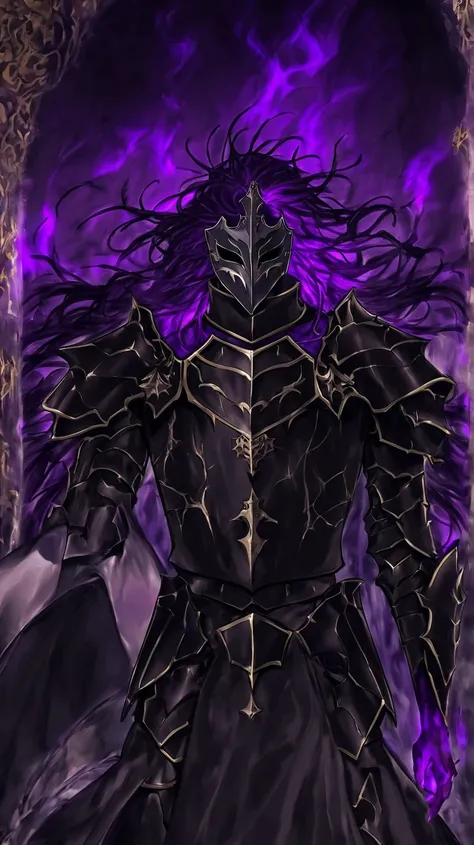 Make the End a Cosmic Entity of Destruction he is a knight in armor and Knight mask  ,  his body is sturdy and he has burning hair with a purple aura he wears a black robe and armor as a uniform, with a cover