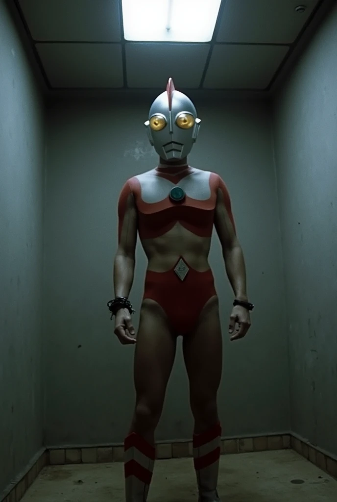 A man (long limbs,abs,tall, thin, athletic build) who has been defeated by the enemy and is naked except for his Ultraman 80 helmet (scarred, silver helmet, yellow glowing eyes) and is bulging out of his briefs, standing sadly in a small cell, handcuffed, ...