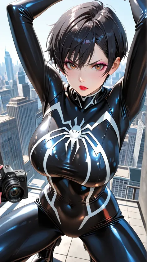 Top quality, masterpiece, very high resolution, incredibly absurd, highly detailed, delicate and dynamic,
Theme.(Single woman).(Cosplay in black Venom suit zentai),
Hair features.(Short black hair).(Pixie cut. Asymmetrical),
Facial features.(Shaped eyebrow...