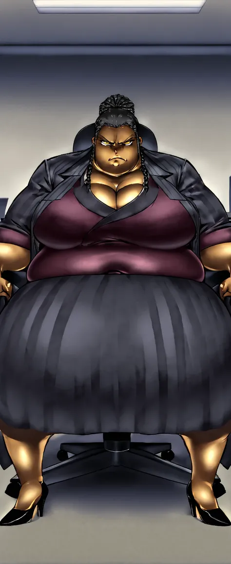 Strict sturn fat and obese with a big gut Black business woman with cornrows while wearing a black dark skin ,  pinstripe suit and pinstriped skirt on and yellow eyes , black hair ,  in a office , black heels , serious face , while sitting in a office chai...