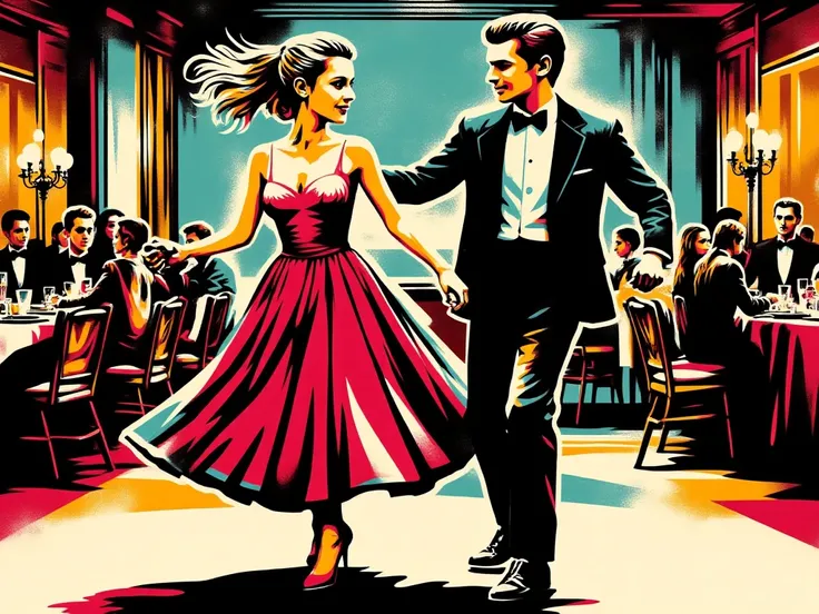 Picture a young couple dressed in 1950s attire dancing a frenetic rockabilly dance in a ballroom. The woman, in a vibrant red dress and with blonde hair tied back in a high ponytail, performs a twirl while the man, in a black suit and with slicked-back hai...