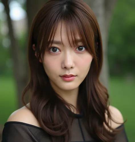   image is a close-up portrait of a young woman's face, She wore a black dress. She has been a long time,  hair with straight brown bangs over her shoulders .  Her hair is trimmed in loose waves 、It's hanging on her forehead . She is looking directly at th...