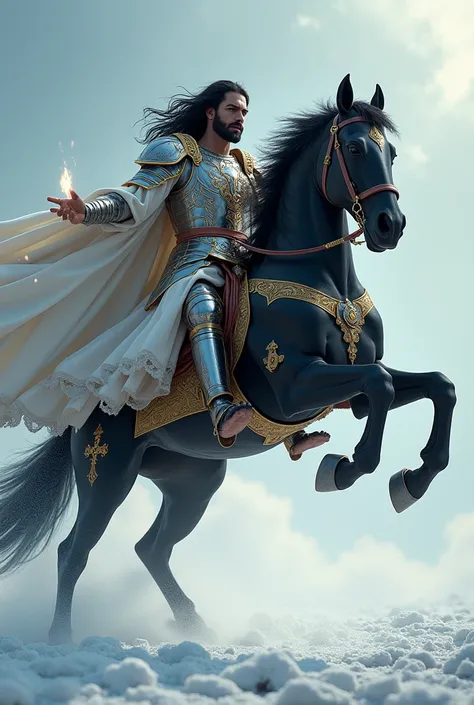 Jesus black hair ,  dressed in armor with fire details  , riding a black horse with fire details , The setting is a snow-white field  ,  realistic image ,  ultra realistic image in 8k 
