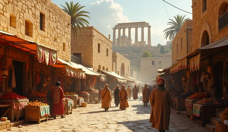 "An ultra-realistic view of Jerusalem on a sunny morning, with weathered stone streets. Sandy-toned stone houses surround the path, with colorful merchant tents filled with fruits, fabrics, and ceramics. Dust in the air reflects the golden sunlight, and in...