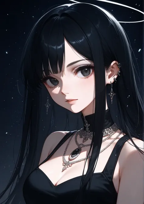 core_9,score_8_up,score_7_up,score_6_up, solo, face, Girl, Goth Girl, black hair, black eye, black halo, long hair, medium breasts, (((jewelry))), black backgrounds, particles, ((anime)), look at viewer,
