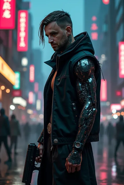 An cyberpunk male solo head, with visible cyber modifications, fluorescent tattoos. Futuristic  black and silver clothes , cyberpunk night city in the background. Armed, standing, dynamic pose, ready to fight. 8k, best quality, photorealistic, masterpiece,...