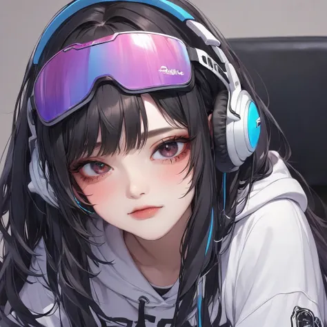 1 girl, dark eyes, dark hair, long hair, gamer