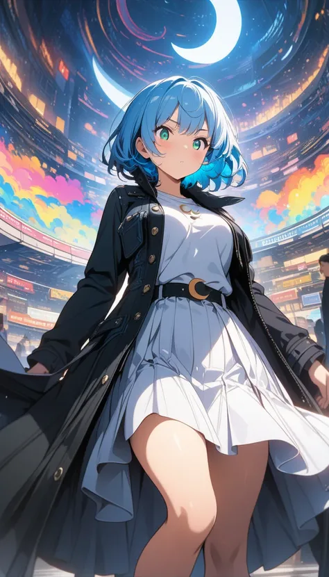 (masterpiece,  best quality ,  Official Art:1.2), ( colorful),  perfect anatomy, One Girl, front view。 short hair while on a business trip。Blue hair color。Late Night。  Compa。 ( crescent:1.5) Ultra Precise Illustration ,  finely drawn in detail ,  dynamic a...