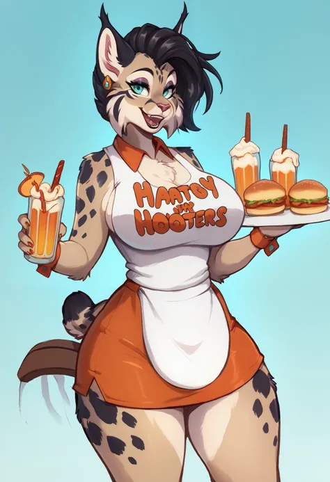 (anthro)) lynx ,1girl in, Solo, black hair, mohawk on one side haircut, the end tips of hair are pink, dot piercings 3 in 2 row down her snoot,  multipule golden ear piercings , lightly glowing aqua eyes, galaxy eyes, fur, long pointy lynx ears,  black dra...
