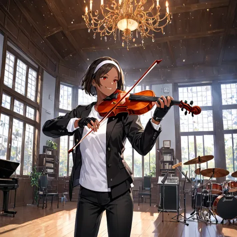 Masterpiece, top quality, detail XL, 1girl, solo, ((playing violin)), front view, indoors, music room, black hair, shorthair, brown skin, red eyes, medium build, smiling, she wears ((black jacket with rolled up sleeves)), open jacket, fingerless gloves, wh...