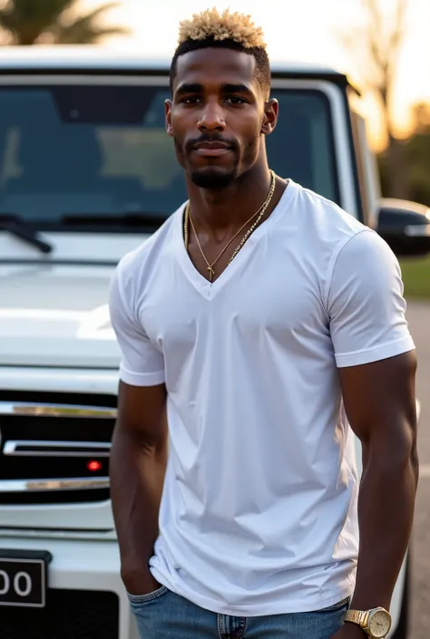 Very handsome man Standing next to beautiful blonde woman, his girlfriend. biracial black man 24 years old.Ultra High Resolution. realistic with soft lighting. Front facing camera. athletic body with muscle. Very Low haircut. Standing by white Mercedes G W...