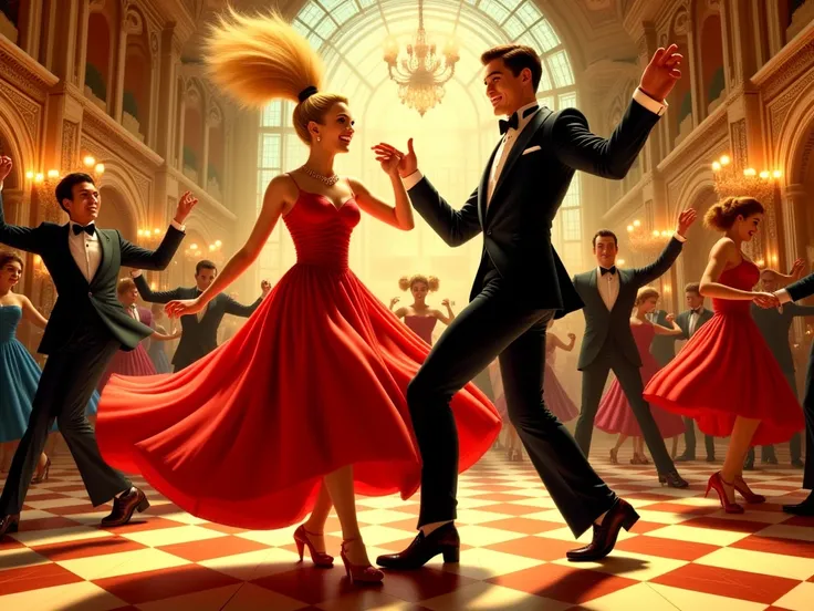 Picture a young couple dressed in 1950s attire dancing a frenetic rockabilly dance in a ballroom. The woman, in a vibrant red dress and with blonde hair tied back in a high ponytail, performs a twirl while the man, in a black suit and with slicked-back hai...