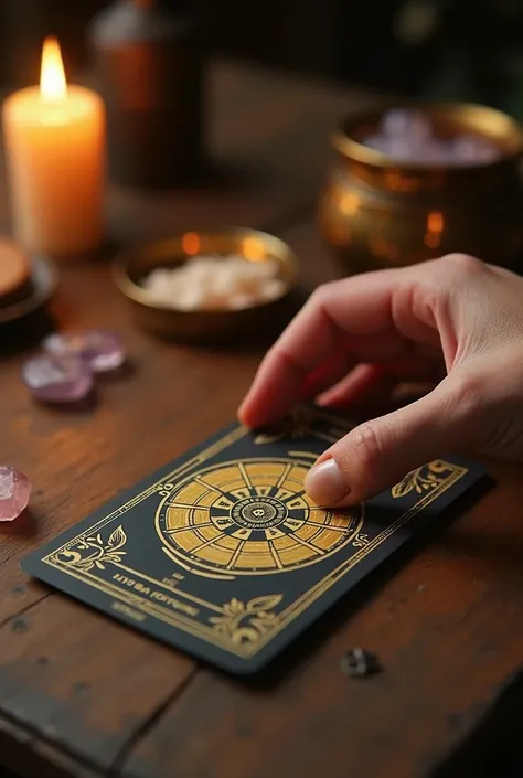 An elegant hand turning a tarot card (The Wheel of Fortune) on a rustic wooden table, with details of lit candles and crystals around, soft golden light illuminating the room, ultra-realistic details on the cards and objects, 8K quality ."