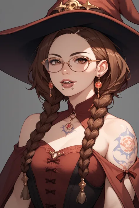 Mature woman, fair skin, short hair, small breasts, brown eyes, brown hair,Red Witch Clothes , anime style,Glasses, tattoos,Mouth piercing, medieval style, dark ages,Multiple braids 