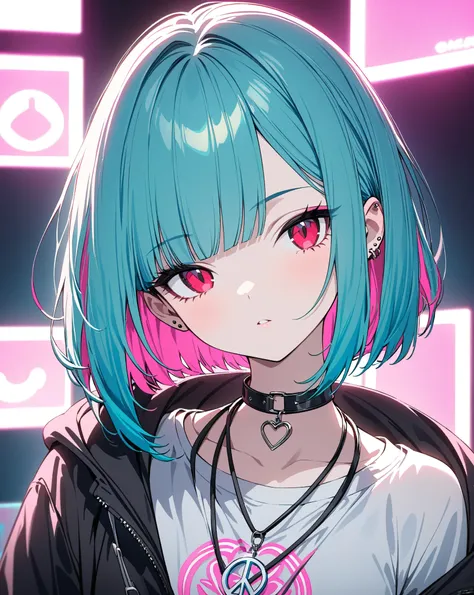 A highly stylized and futuristic portrait of a young woman illuminated by vibrant neon lighting in shades of blue and pink. She has a sleek, bright cyan bob haircut with straight bangs that frame her pale face. Her piercing red eyes gaze softly forward, an...