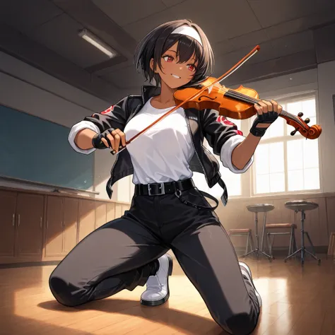 Masterpiece, top quality, detail XL, 1girl, solo, ((playing violin)), front view, indoors, music room, black hair, shorthair, brown skin, red eyes, medium build, smiling, she wears ((black jacket with rolled up sleeves)), open jacket, fingerless gloves, wh...