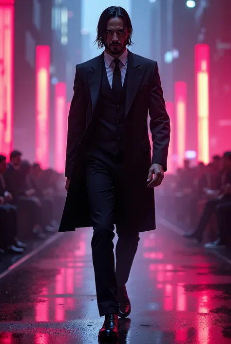 A friendly, cyberpunk, hyper realistic, cinematic John wick in a suit parading down a fashionista catwalk America's got talent stage, silhouette , Cinematic, 