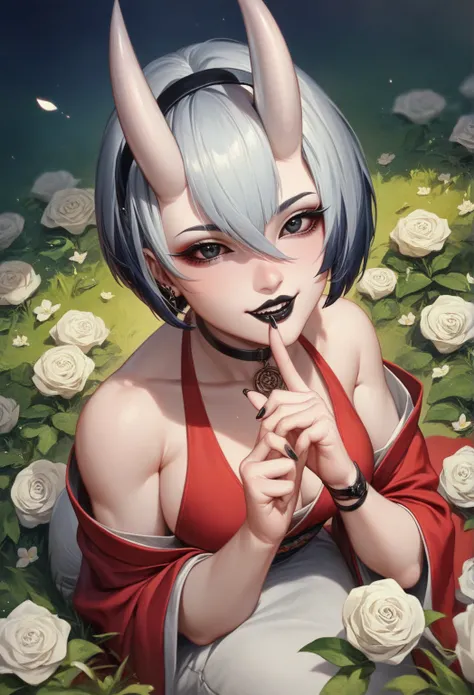  16k, massive Details, (())), one Girl with two Oni horns in fair white like human skin , she got black sclera , black lipstick , kurze schwarze Haare , Sharp Bob cut, night Rose , completely black eyes, 5 Finger pro Hand , (perfekter Körper) , sitting in ...