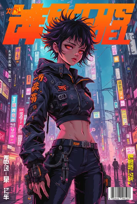 ((manga magazine cover shot) of (perfect Asian cyberpunk girl) in cyberpunk city))), ((graphic design ((Japanese text banner headline)))), (((dynamic pose))), ((LED lights)), (((extremely weird punk hairstyle))), ((manga drawing)), warm colours, ((cinemati...