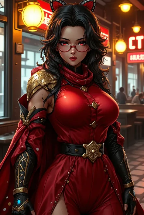 female character embracing retro glam. Her hair is styled in large ringlet curls, accented with a vintage scarf in a bold red and white polka dot pattern. She wears browline glasses in tortoise shell, emphasizing her playful yet sophisticated style. Her ou...