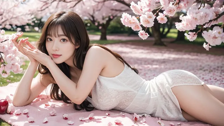 Lying on a carpet of cherry blossom petals, Surrounded by cherry trees in full bloom、nnfws, photo original 、( Masterpiece :1.3)、( High quality 、  very detailed、 Complicu  )、  professional photography、  professional lighting 、  high resolution 、  high dynam...