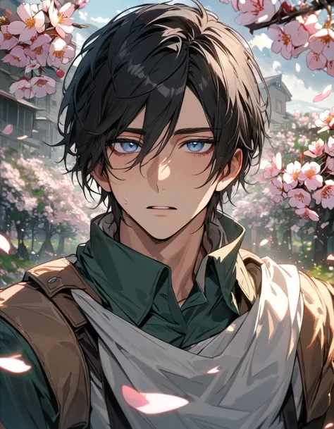  extremely detailed , HDR,   highres,  absurdities ,   masterpiece  , user  ,   Messy black hair  ,    expressive blue eyes   ,    shingeki no kyojin   ,  blooms, petals,  exploration troop costume  , spring, cherry  blooms, Sexy man, Alone, rosto e olhos ...