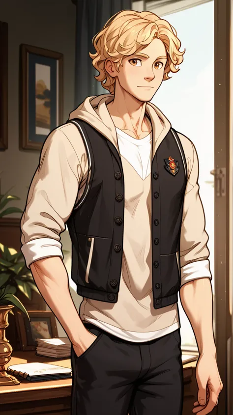 (safe content), masterpiece, best quality, neutral expression, standing, 1boy, (human male), orange eyes, light blonde hair, medium hair, wavy hair, slightly muscular, solo, (modern room background), detailed, (beige hoodie), (black vest), (white t-shirt),...