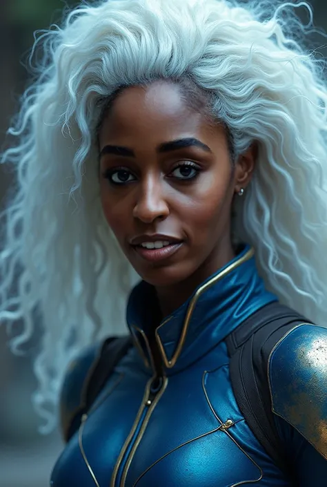 Create a realistic image of actress Ayo Edebiri featuring Storm from Marvel's X-Men.