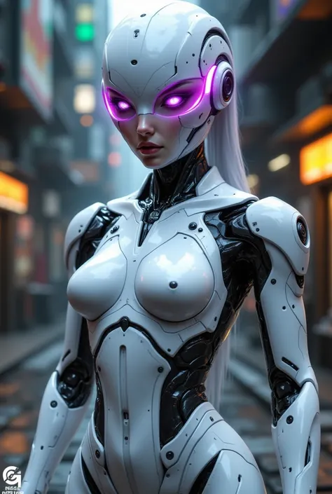 

This image is a highly detailed CGI illustration in a futuristic, cyberpunk style. The subject is a humanoid female robot with a sleek, white, and metallic exoskeleton. Her head is adorned with a futuristic helmet that features glowing purple circular li...