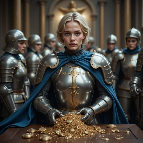 High resolution, masterpiece, photorealistic, looting scene in treasury by a full armored 17-year-old female knight with blue eyes, blonde short hair, indomitable look wearing shiny medieval armour with blue cape and her platoon consist of female soldiers ...