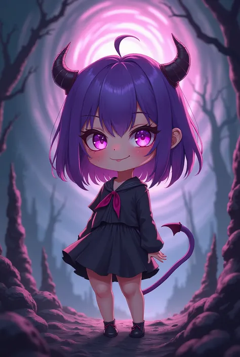 Chibi anime girl with purple shoulder-length hair,  demon style  