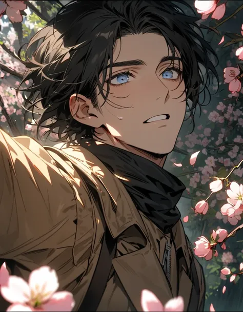  extremely detailed , HDR,   highres,  absurdities ,   masterpiece  , user  ,   Messy black hair  ,    expressive blue eyes   ,    shingeki no kyojin   ,  blooms, petals,  exploration troop costume  , spring, cherry  blooms, Sexy man, Alone, rosto e olhos ...