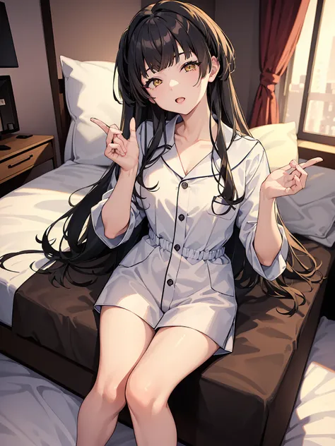 Masterpiece,  best quality , nsfw,  1 girl,   black hair, , yellow eyes,  pajamas , bedroom,  sleeping in bed , sleep,  eyes closed ,   detailed facial features , 現実的で high resolution ( best quality , 4K, 8k,  high resolution, Masterpiece:1.2).