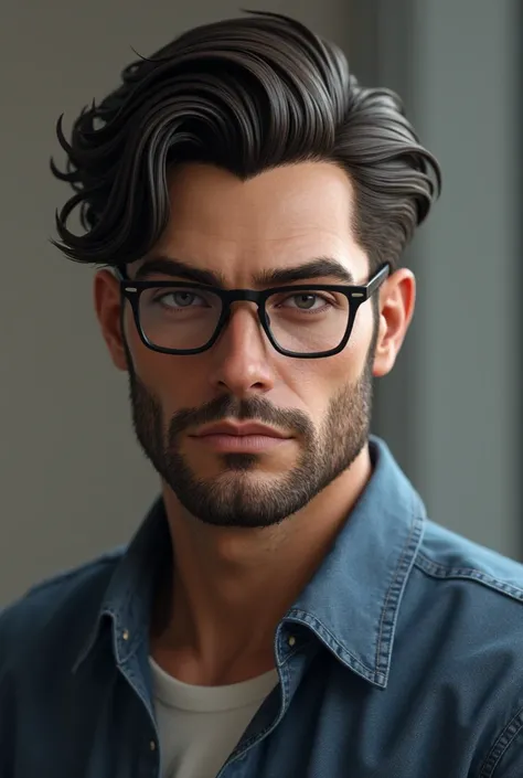 A handsome and strong 18-year-old with medium-length hair brushed backwards, beard and glasses.  with a half square face 