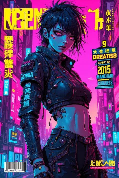 ((manga magazine cover shot) of (perfect Asian cyberpunk girl) in cyberpunk city))), ((graphic design ((Japanese text banner headline)))), (((dynamic pose))), ((LED lights)), (((extremely weird punk hairstyle))), ((manga drawing)), warm colours, ((cinemati...