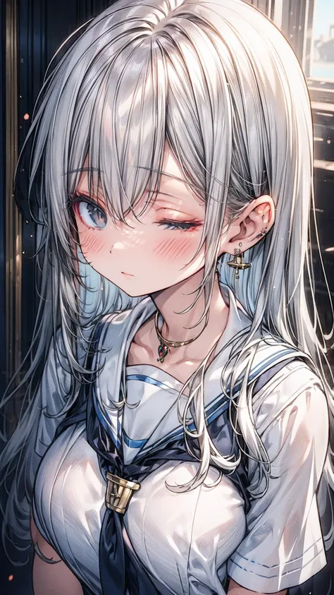 ((flat anime, 2D, 1girl:1.2)), ((12-years old:1.1, loli:1.3)), (silver long hair:1.5), reflective hair, ((focus on face:1.3)), (natural skin:1.3), (natural looking makeup:1.5), (slender:1.4), ((small breast:1.5)), BREAK, ((missionary uniform:1.3)), (neckla...