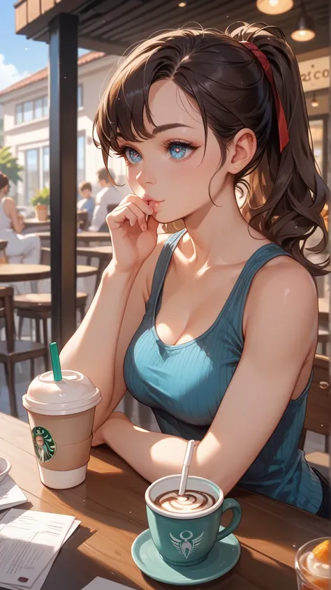 A gorgeous young woman with shoulder-length dark brown hair tied into a tight topknot, wearing a navy blue ribbed tank top. She is seated at an outdoor café table, sipping on iced coffee, her relaxed pose and sparkling eyes drawing attention.