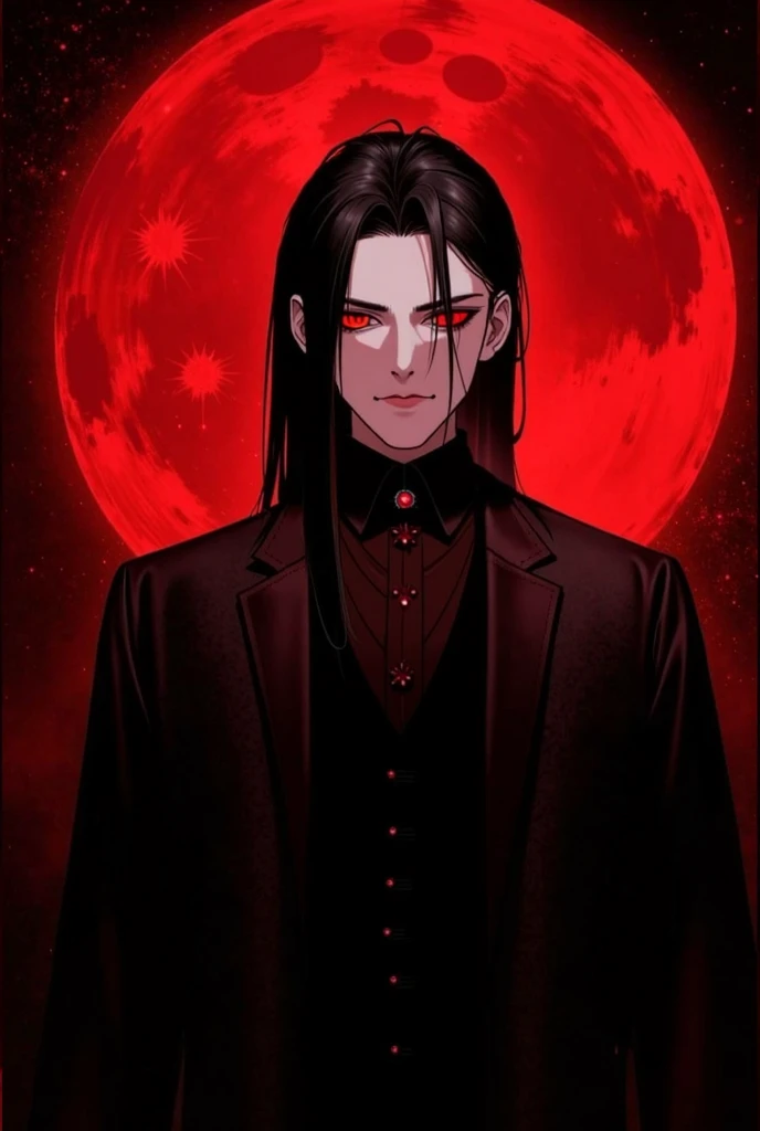 A boy, 23 years old, man, maduro,  heir to one of the most honored and dreaded royal families ,  the eldest prince , with a youthful face , Serious.  His eyes are brighter red and are more intense than blood .  His hair makes him more like his father , lon...