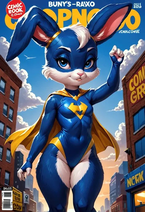 Small slender female bunny with good big thighs and blue and white fur and pretty blue eyes and she's wearing a superhero costume and she's a girl and she's very cute and she's on a comic book cover.