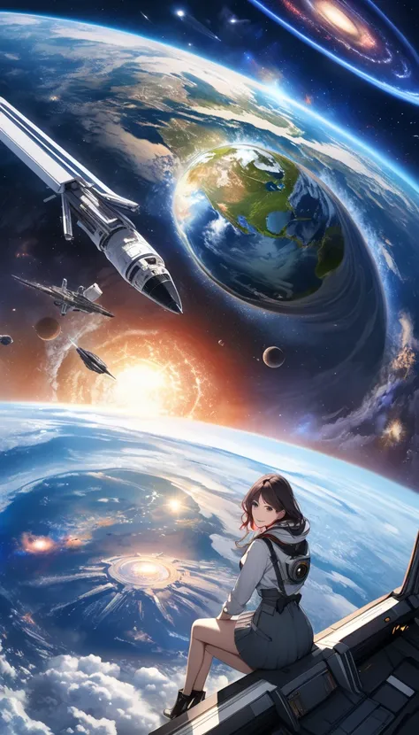 (Masterpiece, best quality:1.3, beautiful super detailed, ultra-high resolution, multi color), a woman traveling with a cat, Dramatic composition, BREAK deep storyting, artistic picture diary, BREAK ((Take a spaceship and look at the beautiful earth togeth...