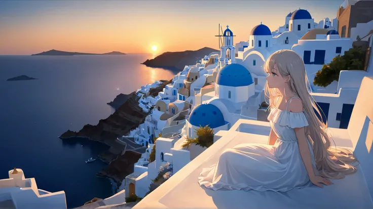 "A serene scene at sunset in Santorini, Greece, with white-washed houses and blue domes glowing warmly under the evening sky. A young girl with long flowing hair is sitting on a ledge in the foreground, gazing out over the breathtaking view. She is wearing...