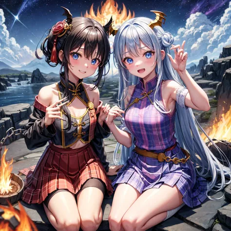  pink茶色髪、 blue eyes、 with hair tied、Two cute、 Plaid Mini Skirt、 BLACK T-SHIRT、 light clothing、 One Piece、 camisole、 high socks、Teeth are visible、The stone is cracked、 the road is crooked、Mountain々、diagonal、 monster 、fog、 Aurora、moon、 shooting star、night、Bo...