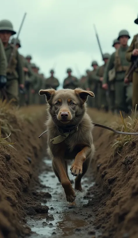 Soldiers in trenches, a dog named Stubby running across, World War I era, military uniforms with helmets and mud-covered gear, inside narrow and wet trenches under cloudy skies, Stubby carrying a message in his collar with determination, background of sold...