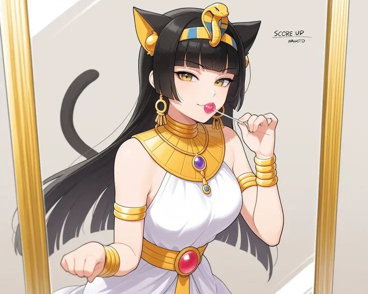 A girl seeing in the mirror how she looks with the cosplay that made her name:Makoto
Age : 19 years
Appearance :  Makoto is a vibrant girl who loves cosplays ,  especially Cleopatra's .  Her long straight black hair recalls the iconic look of the Egyptian ...