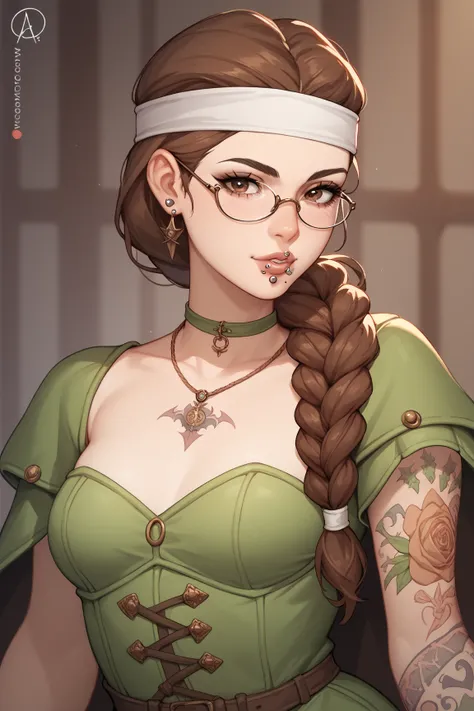 Mature woman, fair skin,  small breasts, brown eyes, brown hair,green Witch Clothes , anime style,Glasses, tattoos,Mouth piercing, medieval style, dark ages, Long braid,White headband